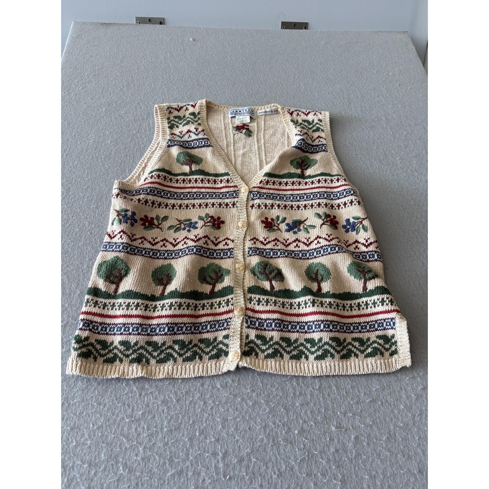 Jantzen Sweater Vest‎ Womens Medium Beige Nature Tree Floral Embroidered Knit